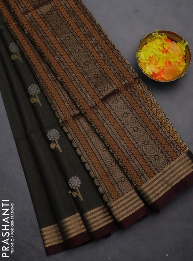 Kora silk cotton saree grey and wine shade with silver & gold zari woven buttas and zari woven border