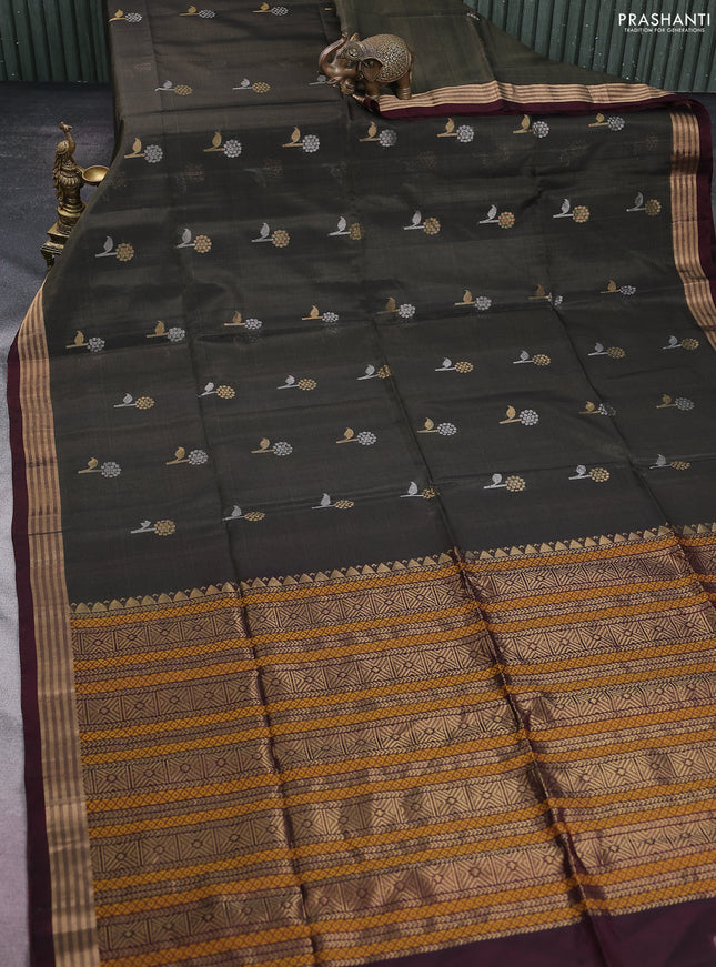Kora silk cotton saree grey and wine shade with silver & gold zari woven buttas and zari woven border