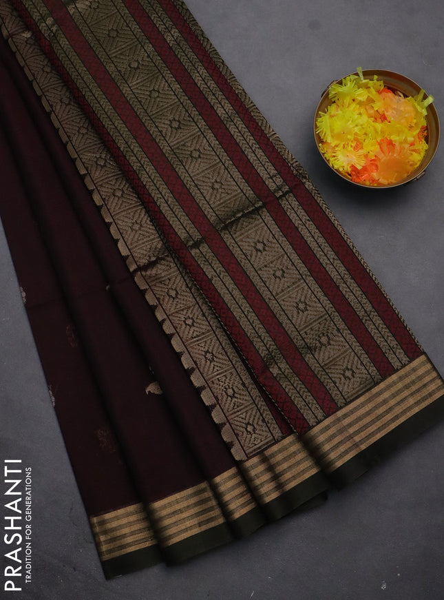 Kora silk cotton saree wine shade and dark sap green with silver & gold zari woven buttas and zari woven border