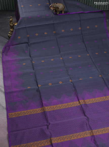 Kora silk cotton saree wine shade and dark sap green with silver & gold zari woven buttas and zari woven border