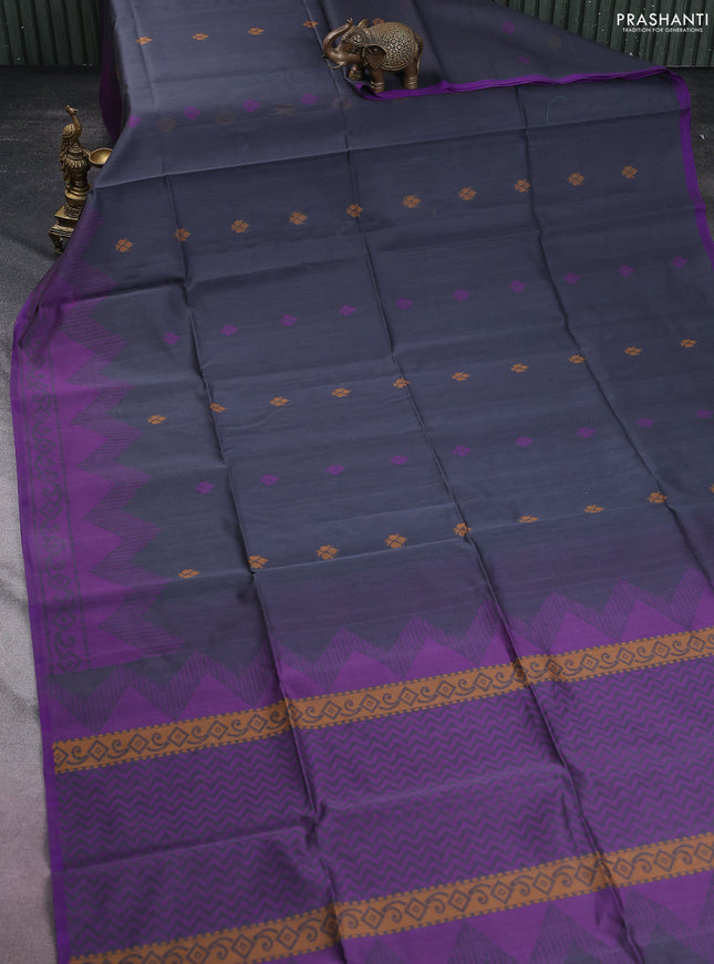 Kora silk cotton saree wine shade and dark sap green with silver & gold zari woven buttas and zari woven border