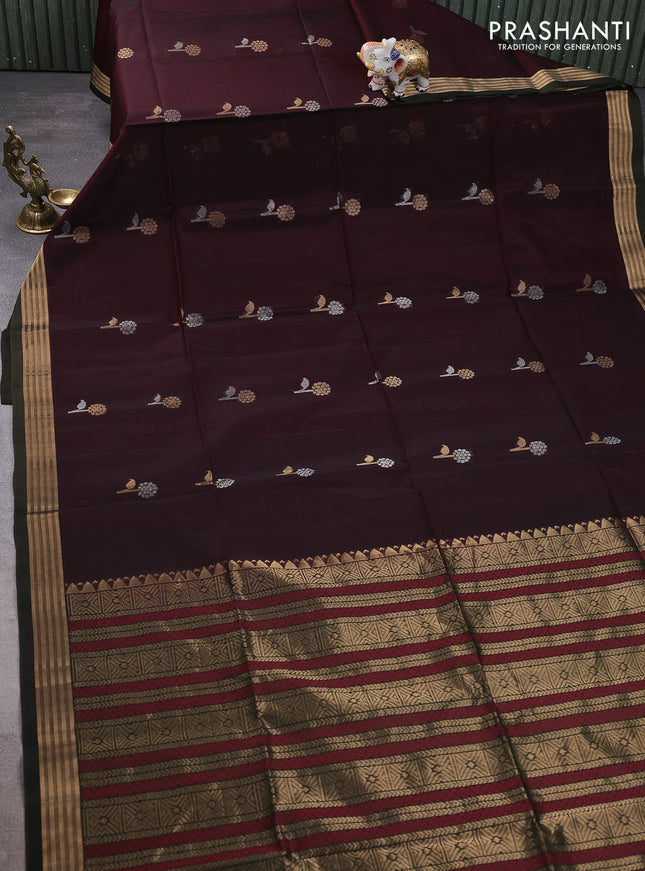 Kora silk cotton saree wine shade and dark sap green with silver & gold zari woven buttas and zari woven border