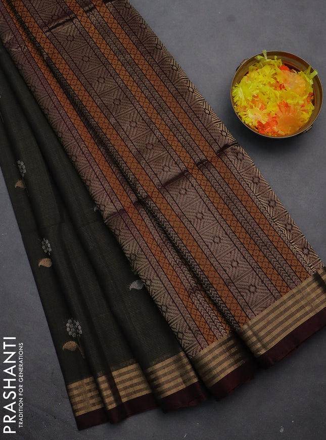 Kora silk cotton saree grey and deep maroon with silver & gold zari woven buttas and zari woven border