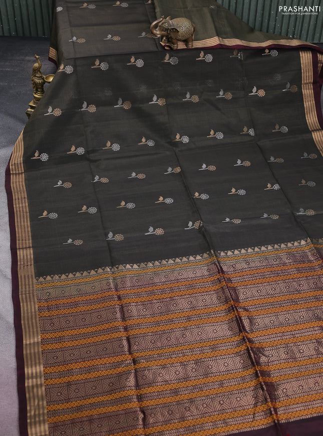 Kora silk cotton saree grey and deep maroon with silver & gold zari woven buttas and zari woven border