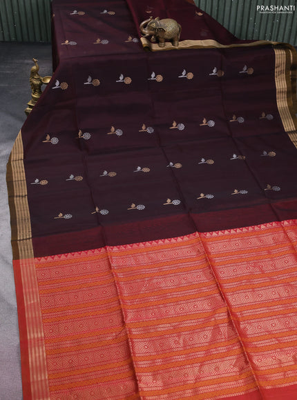 Kora silk cotton saree wine shade and dual shade of pink with silver & gold zari woven buttas and zari woven border