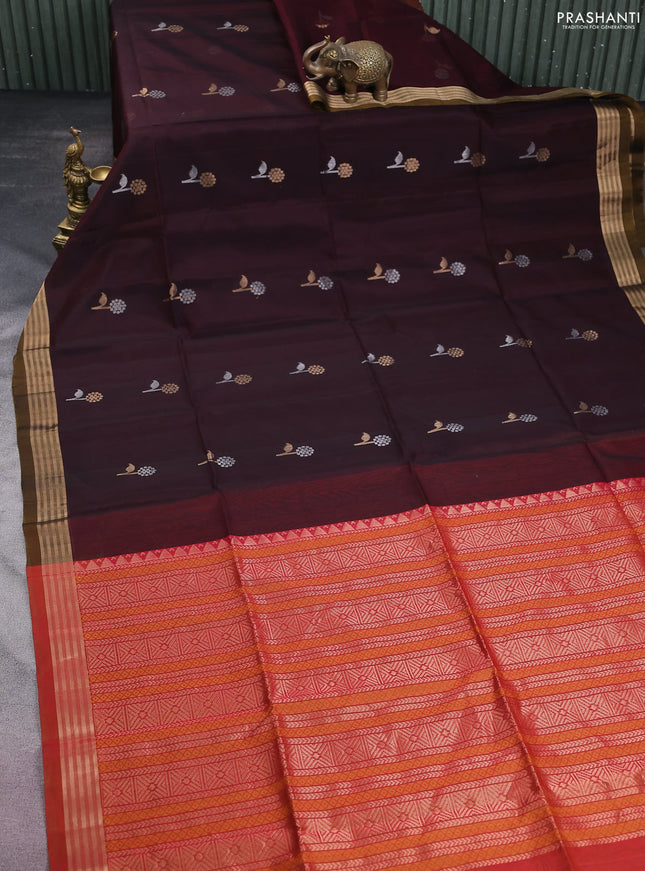 Kora silk cotton saree wine shade and dual shade of pink with silver & gold zari woven buttas and zari woven border