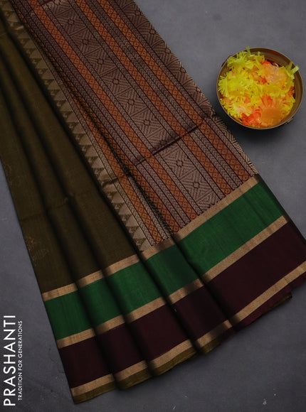 Kora silk cotton saree dark mehendi green and deep maroon with silver & gold zari woven floral buttas and long zari woven border