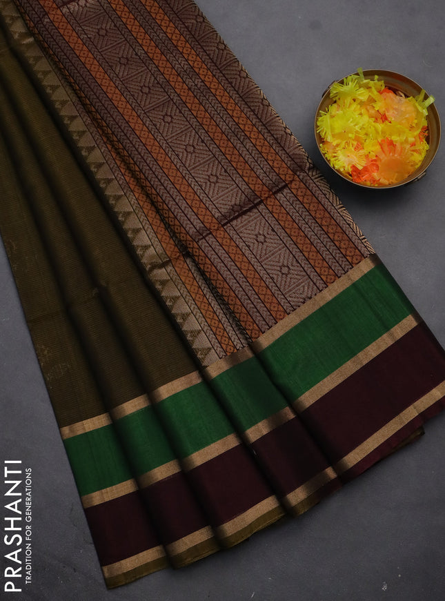 Kora silk cotton saree dark mehendi green and deep maroon with silver & gold zari woven floral buttas and long zari woven border