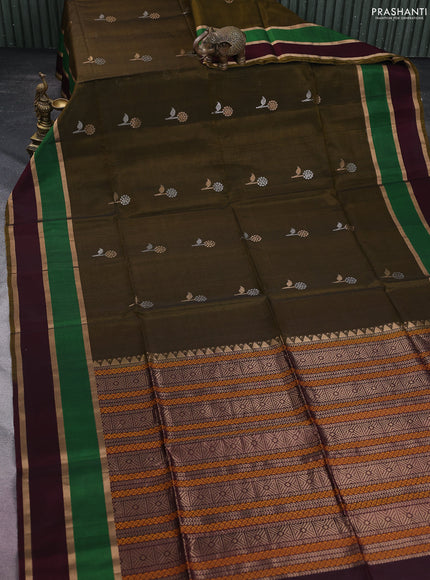 Kora silk cotton saree dark mehendi green and deep maroon with silver & gold zari woven floral buttas and long zari woven border