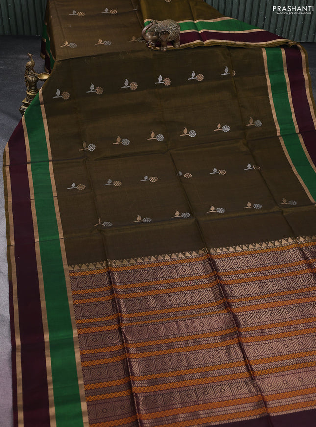 Kora silk cotton saree dark mehendi green and deep maroon with silver & gold zari woven floral buttas and long zari woven border