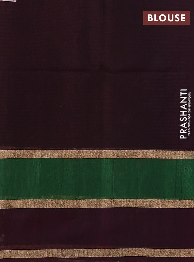 Kora silk cotton saree dark mehendi green and deep maroon with silver & gold zari woven floral buttas and long zari woven border