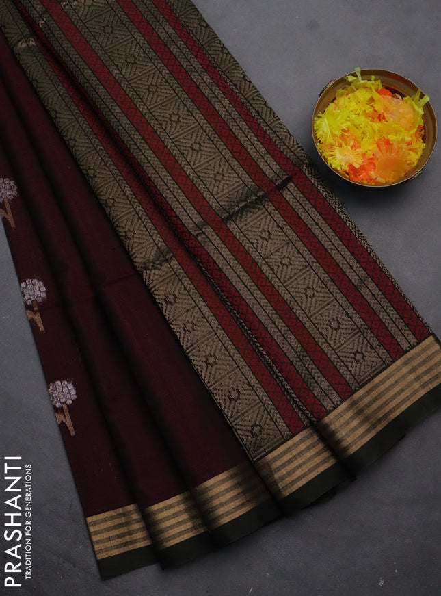 Kora silk cotton saree deep maroon and dark sap green with silver & gold zari woven buttas and zari woven border