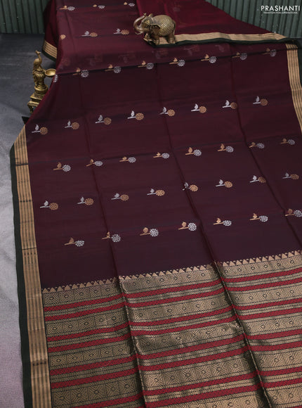 Kora silk cotton saree deep maroon and dark sap green with silver & gold zari woven buttas and zari woven border