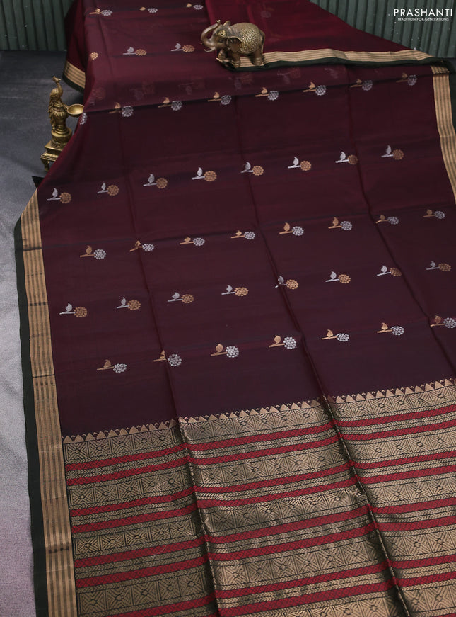 Kora silk cotton saree deep maroon and dark sap green with silver & gold zari woven buttas and zari woven border