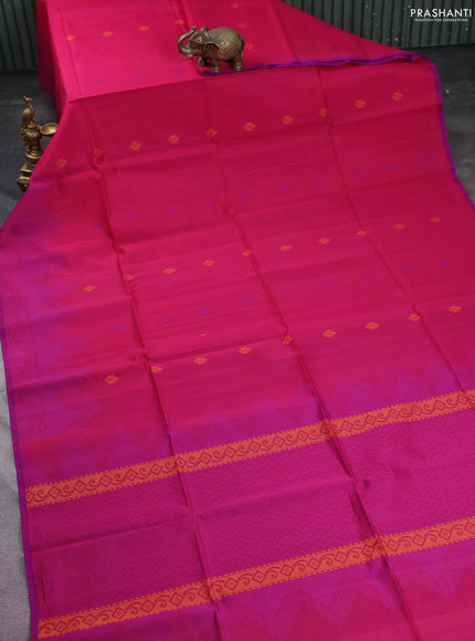 Kora silk cotton saree pink and purple with thread woven buttas and thread woven border