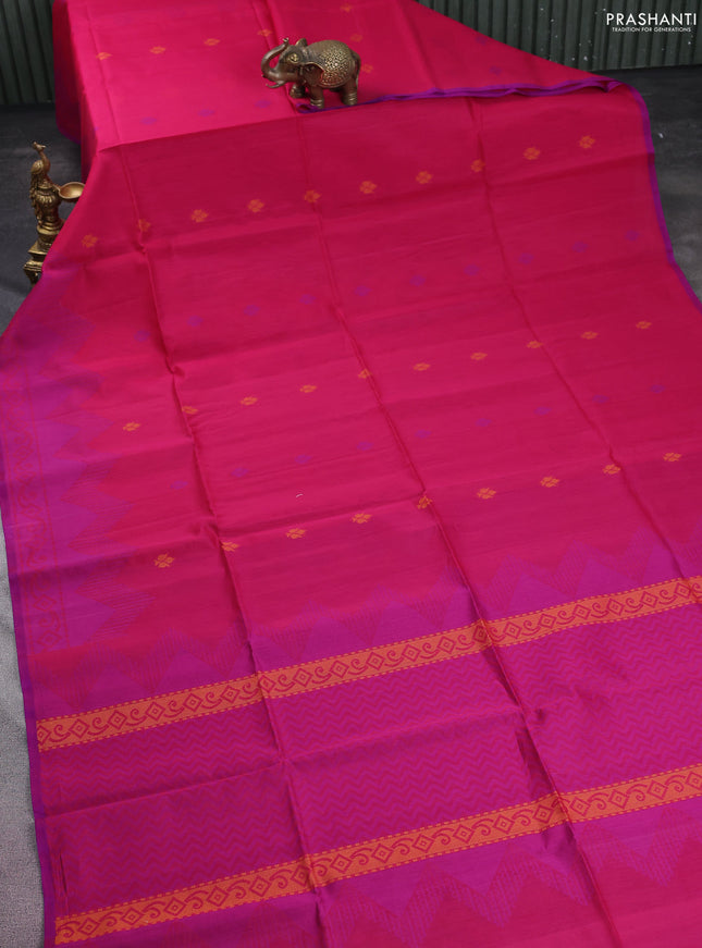Kora silk cotton saree pink and purple with thread woven buttas and thread woven border
