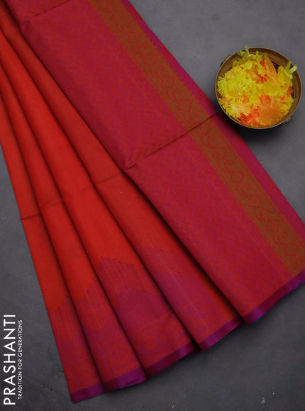Kora silk cotton saree orange and purple with thread woven buttas and thread woven border