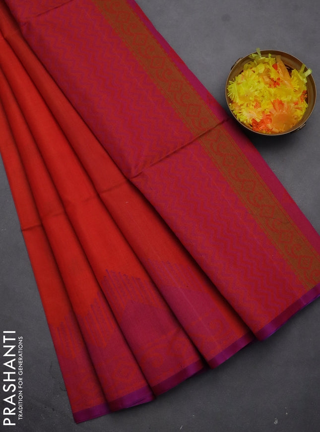 Kora silk cotton saree orange and purple with thread woven buttas and thread woven border