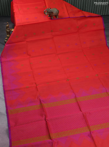 Kora silk cotton saree orange and purple with thread woven buttas and thread woven border