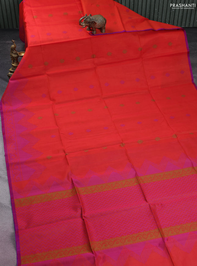 Kora silk cotton saree orange and purple with thread woven buttas and thread woven border