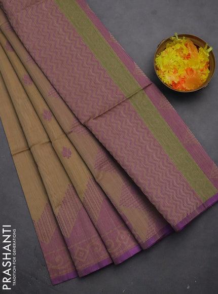 Kora silk cotton saree sandal and purple with thread woven buttas and thread woven border