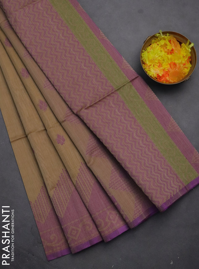 Kora silk cotton saree sandal and purple with thread woven buttas and thread woven border