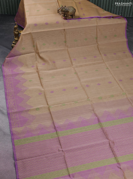 Kora silk cotton saree sandal and purple with thread woven buttas and thread woven border