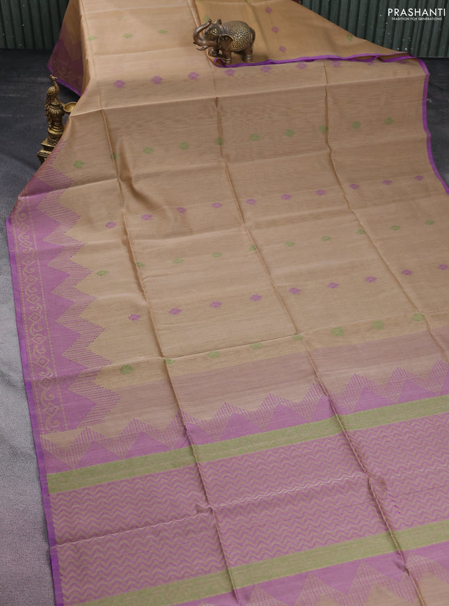 Kora silk cotton saree sandal and purple with thread woven buttas and thread woven border