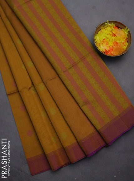 Kora silk cotton saree dark mustard and purple with thread woven buttas and simple border