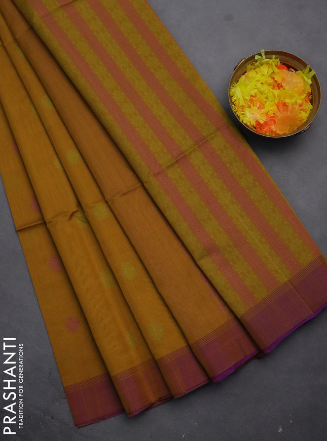 Kora silk cotton saree dark mustard and purple with thread woven buttas and simple border
