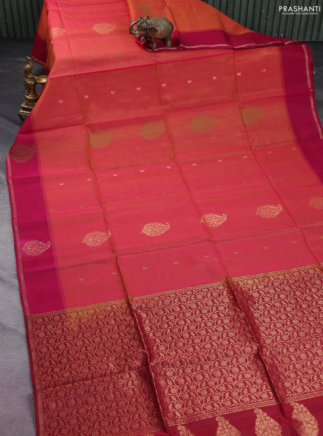 Kora silk cotton saree dual shade of mustard yellowish pink and magenat pink with zari woven buttas and zari woven paisley butta border