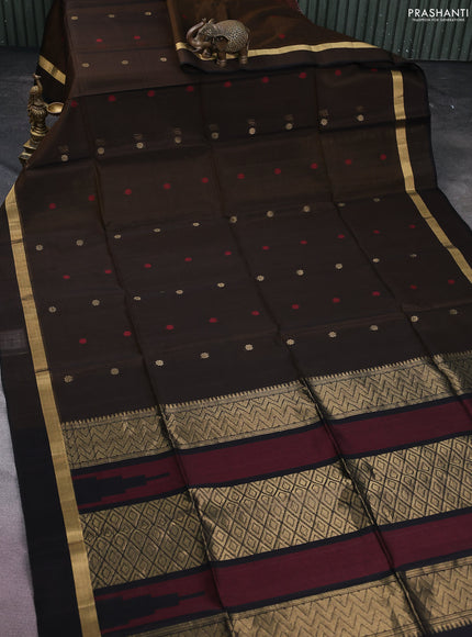 Kora silk cotton saree brown and black with thread & gold zari woven buttas and zari woven simple border