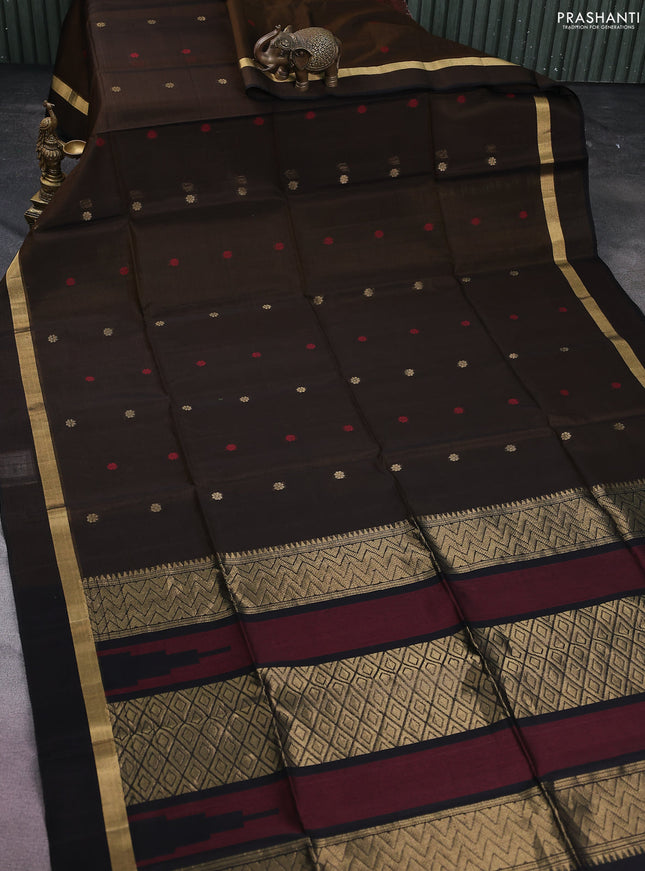 Kora silk cotton saree brown and black with thread & gold zari woven buttas and zari woven simple border