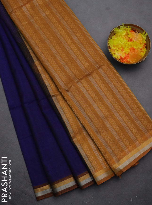 Kora silk cotton saree blue and dark mustard with thread & gold zari woven buttas and zari woven border