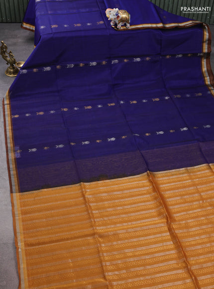 Kora silk cotton saree blue and dark mustard with thread & gold zari woven buttas and zari woven border