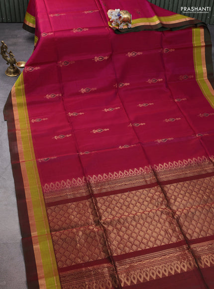 Kora silk cotton saree dark magenta pink and dual shade of reddish green with zari woven buttas and zari woven simple border