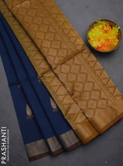 Kora silk cotton saree peacock blue and dark mustard with thread & zari woven geometric buttas and zari woven border