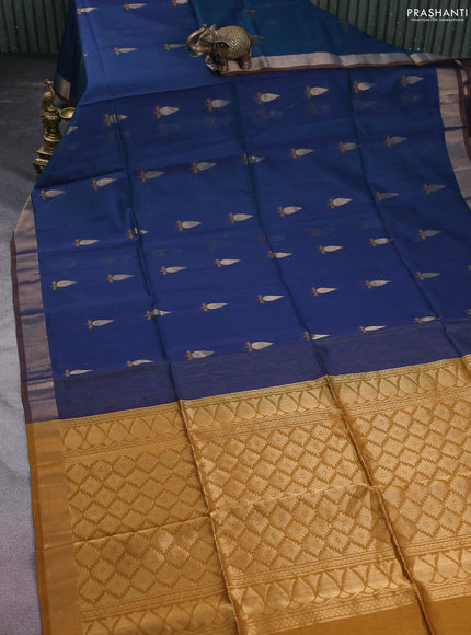 Kora silk cotton saree peacock blue and dark mustard with thread & zari woven geometric buttas and zari woven border