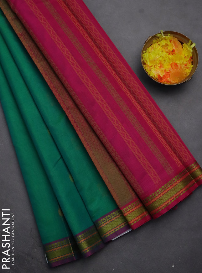 Kora silk cotton saree dual shade of teal green and pink with thread woven paisly buttas and thread woven border