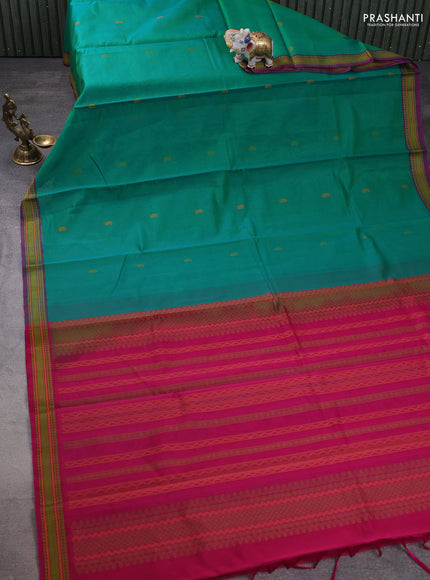 Kora silk cotton saree dual shade of teal green and pink with thread woven paisly buttas and thread woven border