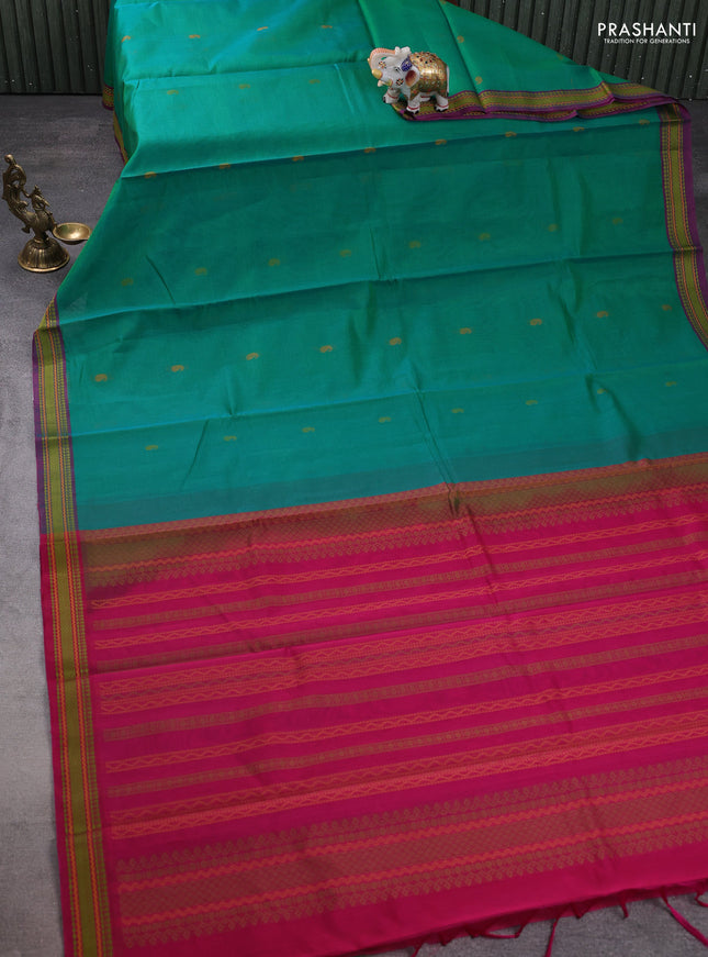 Kora silk cotton saree dual shade of teal green and pink with thread woven paisly buttas and thread woven border