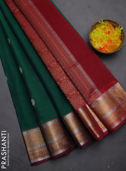 Kora silk cotton saree green and maroon with silver & gold zari woven geometric buttas and zari woven border
