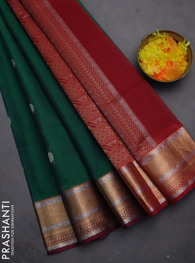 Kora silk cotton saree green and maroon with silver & gold zari woven geometric buttas and zari woven border