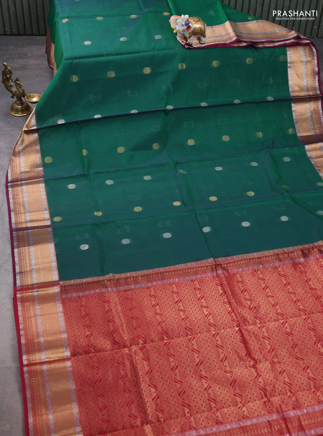 Kora silk cotton saree green and maroon with silver & gold zari woven geometric buttas and zari woven border