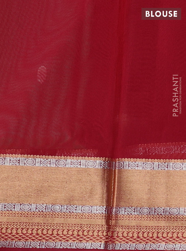 Kora silk cotton saree green and maroon with silver & gold zari woven geometric buttas and zari woven border
