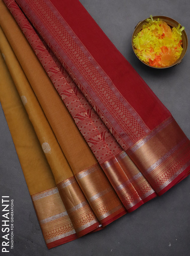 Kora silk cotton saree sandal and maroon with silver & gold zari woven geometric buttas and zari woven border