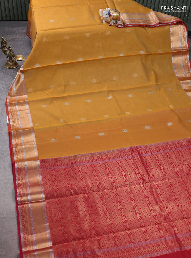 Kora silk cotton saree sandal and maroon with silver & gold zari woven geometric buttas and zari woven border