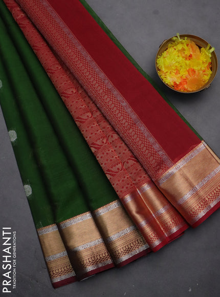 Kora silk cotton saree green and maroon with silver & gold zari woven geometric buttas and zari woven border