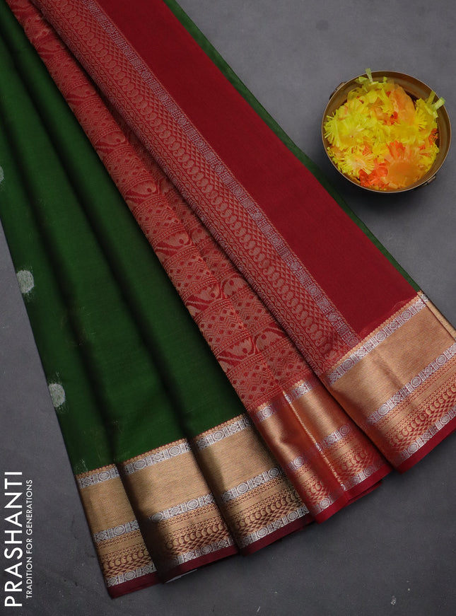 Kora silk cotton saree green and maroon with silver & gold zari woven geometric buttas and zari woven border