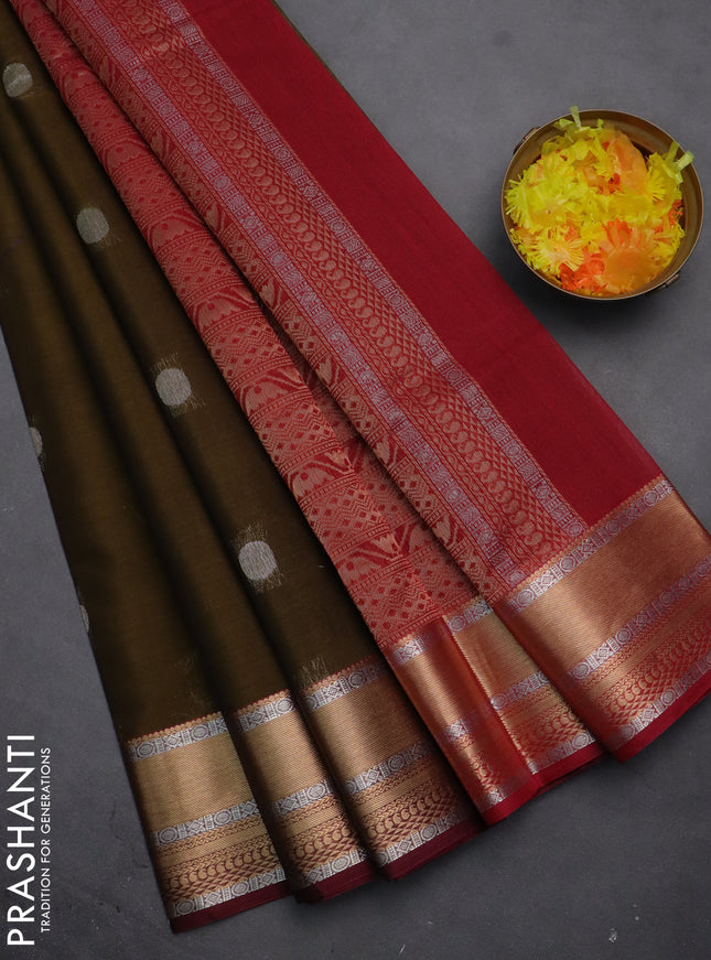Kora silk cotton saree dark mehendi green and pink with silver & gold zari woven geometric buttas and zari woven border